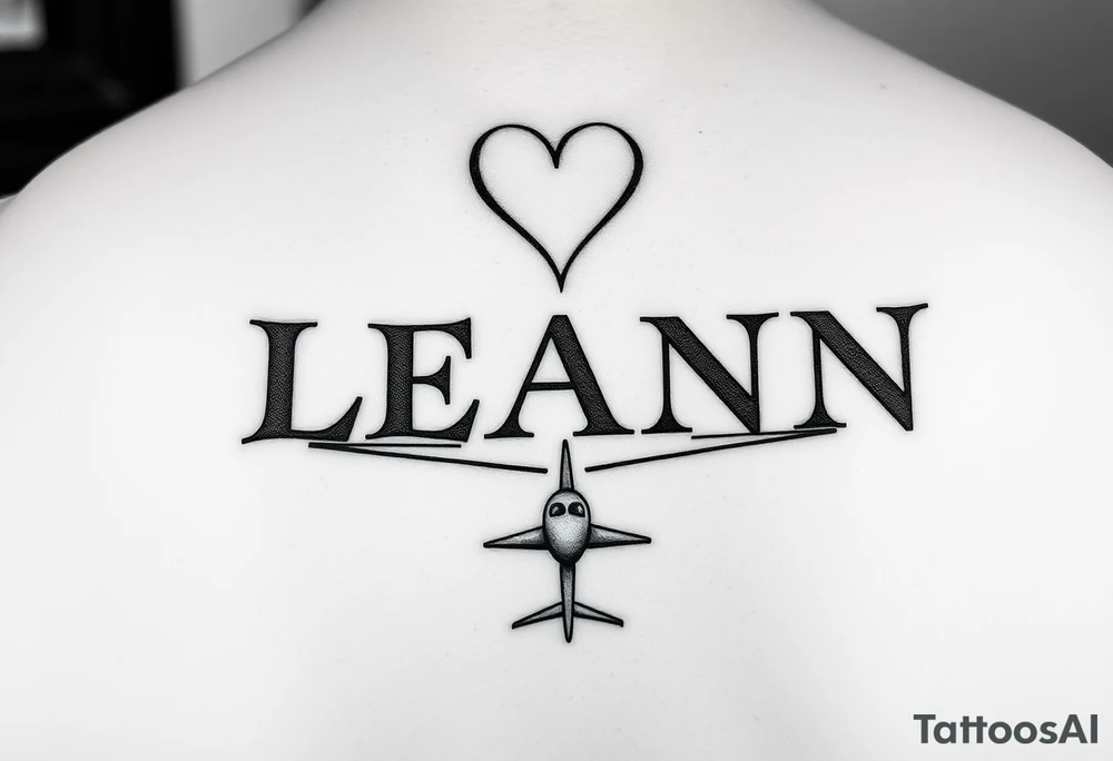 The name LEANN going down with a heart starting at the top and a plane at the bottom tattoo idea