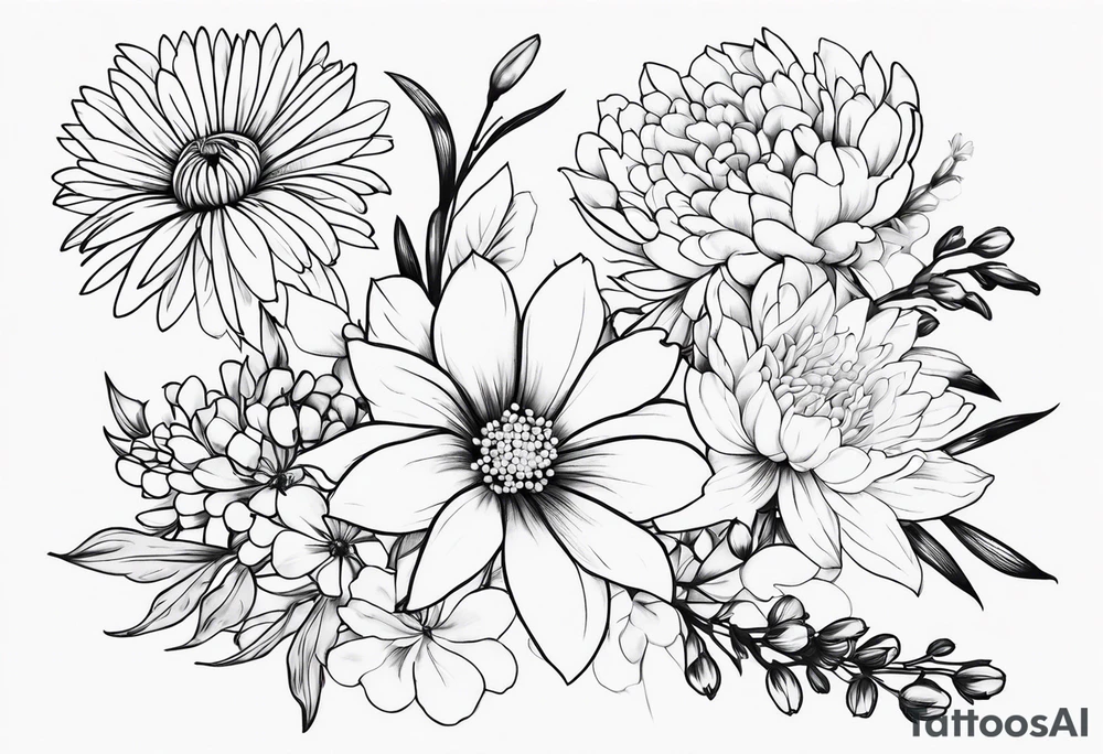Asters, roses, lily of the valley, and chrysanthemums sleeve tattoo idea