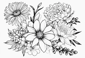 Asters, roses, lily of the valley, and chrysanthemums sleeve tattoo idea