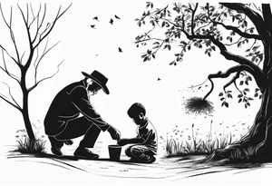 Old man planting a tree. Alongside a young boy playing under a full grown tree. tattoo idea