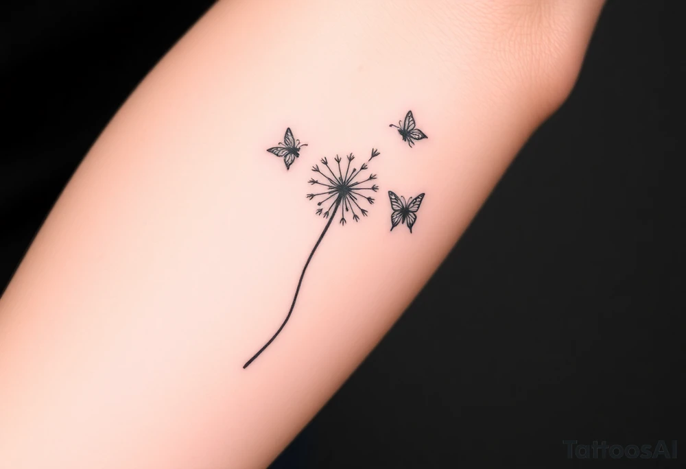 a dandelion and two simple butterflies flying around it tattoo idea