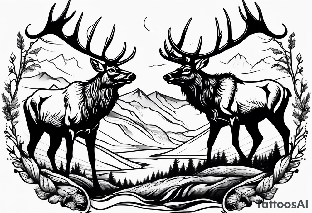 two elk fighting with mountains and stream in background tattoo idea two elk fighting with mountains and stream in background tattoo idea