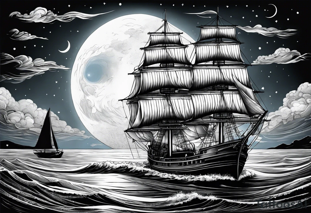 bateau, phare maritime et lune bleu tattoo idea