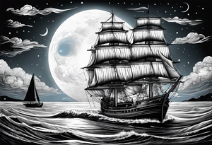 bateau, phare maritime et lune bleu tattoo idea