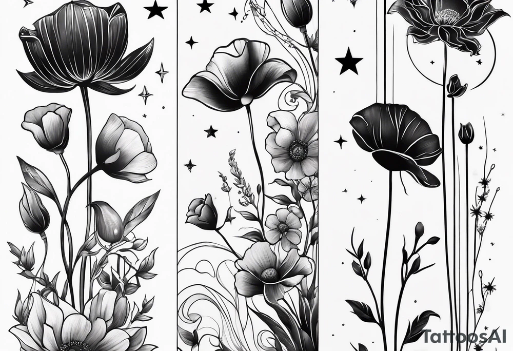 fine line vertical spine tattoo with stars, moon, clouds, poppy dainty tattoo idea
