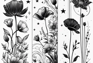fine line vertical spine tattoo with stars, moon, clouds, poppy dainty tattoo idea
