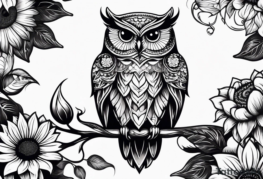 Small owl with butterfly and sunflower leg sleeve tattoo idea