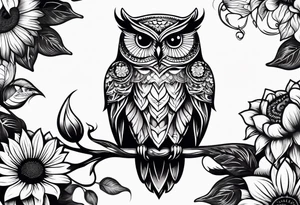 Small owl with butterfly and sunflower leg sleeve tattoo idea
