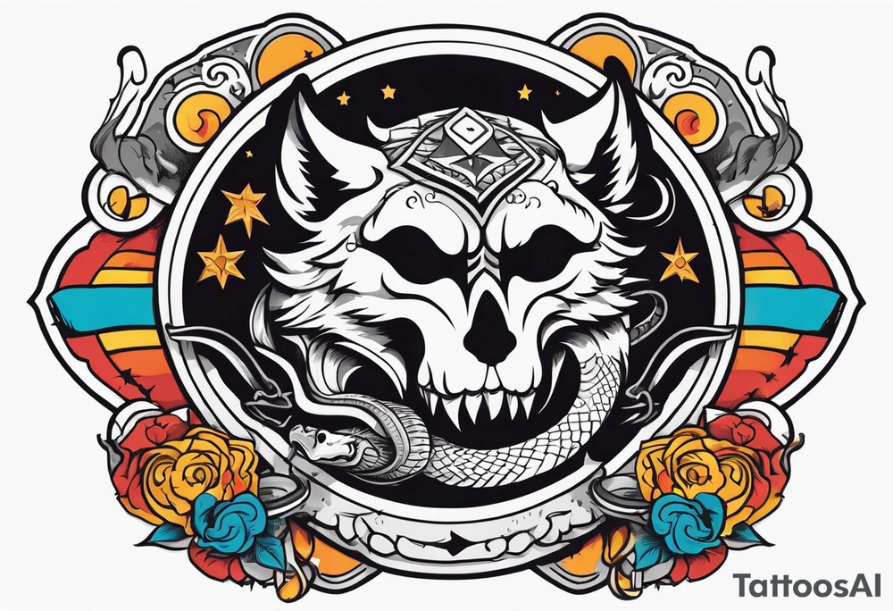 A skull, a Wolf and a Snake making a circle, insider a Hammer and a thunder tattoo idea