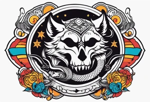A skull, a Wolf and a Snake making a circle, insider a Hammer and a thunder tattoo idea