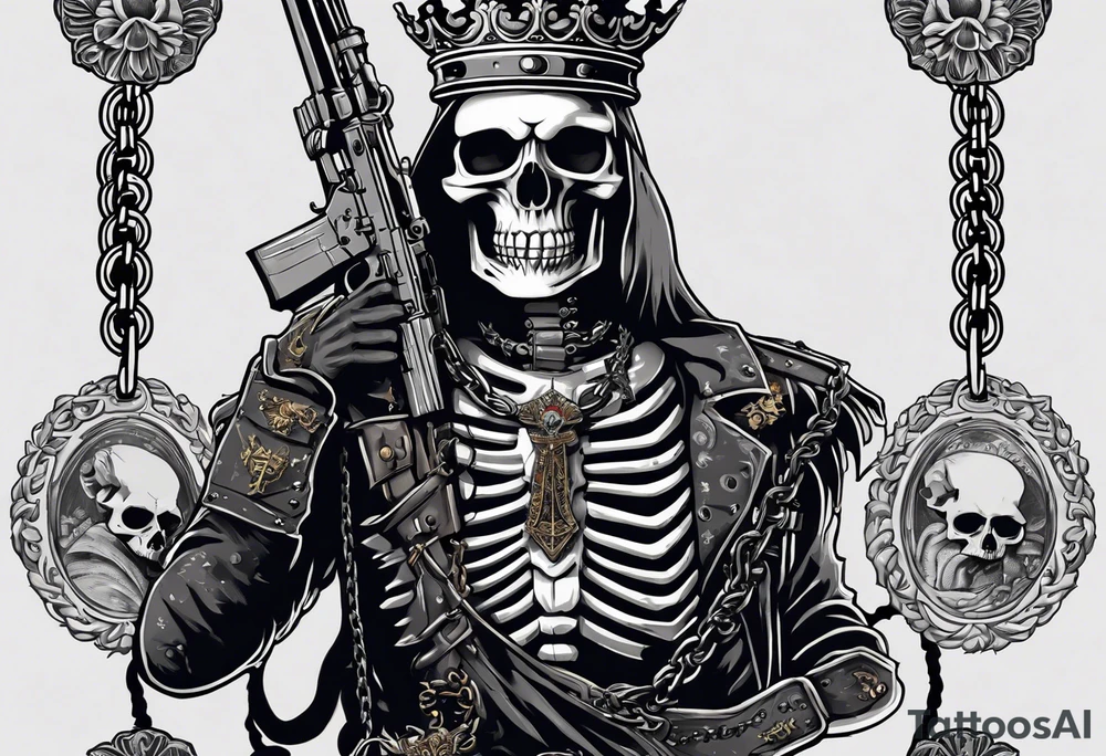 image of a skeleton standing frontally with a crown on his head, holding an AK-47 on his shoulder with his right hand. The chain on the left should be taut, there are three angry barking Dobermans in it, near the waist tattoo idea