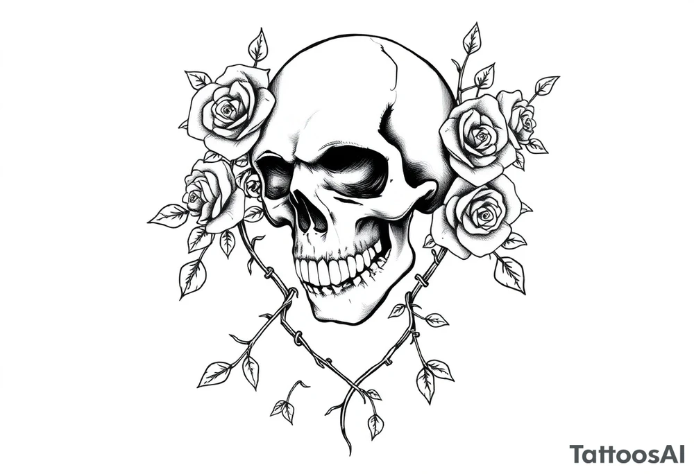 gothic skull intertwined with climbing roses and thorny vines tattoo idea