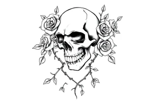 gothic skull intertwined with climbing roses and thorny vines tattoo idea