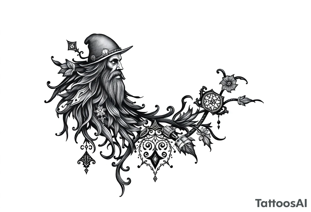 mystical dark and long ornament with shaman and witch mytolog and ancient rhyme tattoo idea
