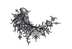 mystical dark and long ornament with shaman and witch mytolog and ancient rhyme tattoo idea