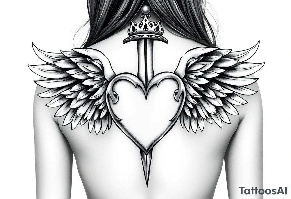 Sensual femenine, powerful 3d heart with the sword hilt on top an a crown on a top side, with two angel gothic wings spread. The wings must be separated, a apart from the heart. It will be located on the lower back. tattoo idea