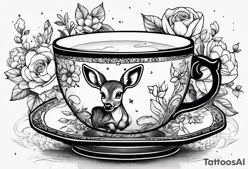 simple line art fawn in a victorian teacup tattoo idea