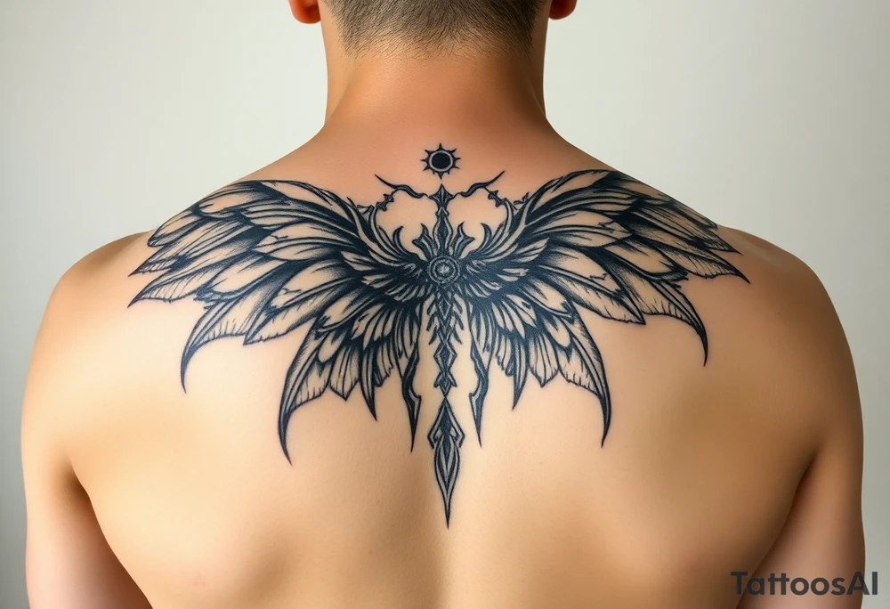 maximalist, cyber sigilism, organic touches, back tattoo, whimsical, witchy, hippie, fairy wing like, maximalistic, very very complex and big, detailed tattoo idea