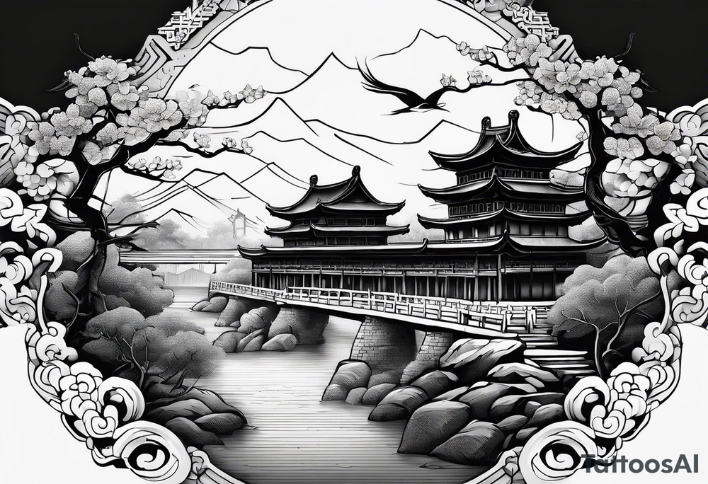 Chinesischer see mit der Mauer im hintergrund und verschiedenen Tieren tattoo idea