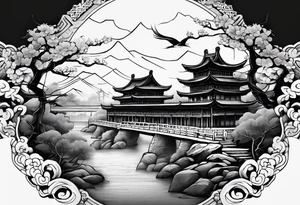 Chinesischer see mit der Mauer im hintergrund und verschiedenen Tieren tattoo idea