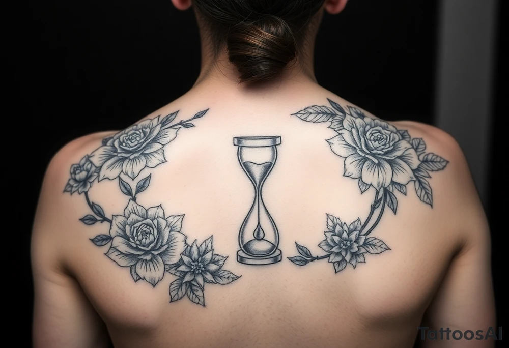 Feminine, full back tattoo, with matching florals on the shoulders, with an hour glass tattoo idea