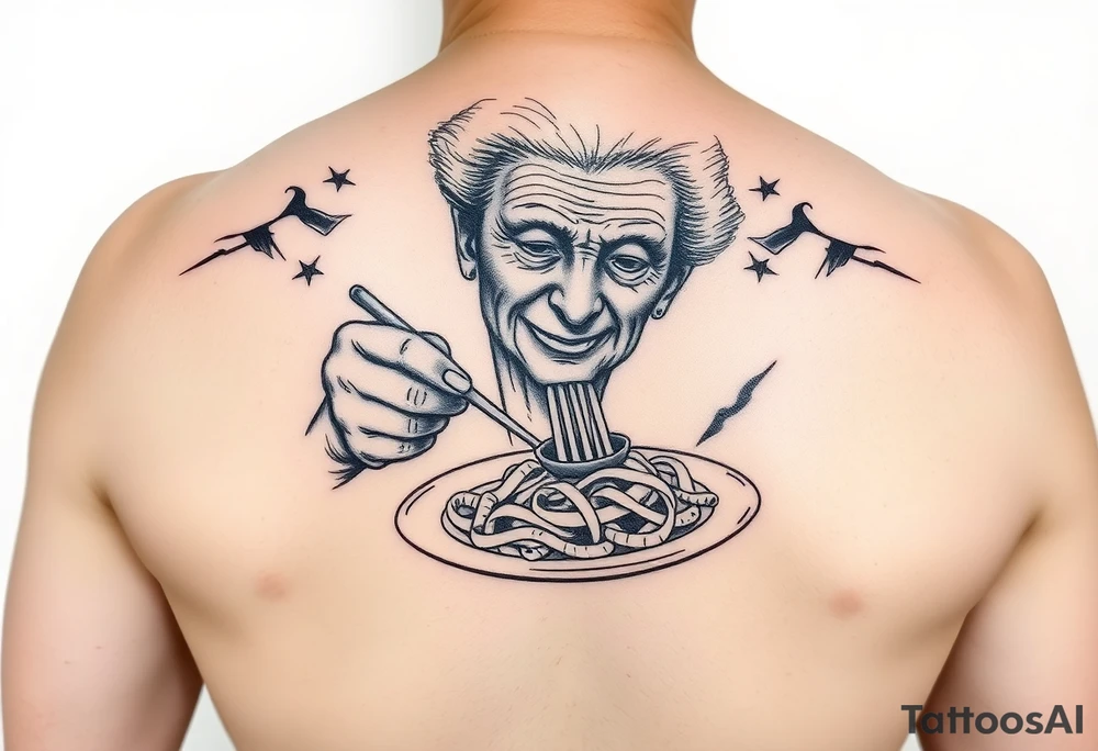 Arm tattoo: An old lady eating a plate of pasta tattoo idea