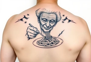 Arm tattoo: An old lady eating a plate of pasta tattoo idea