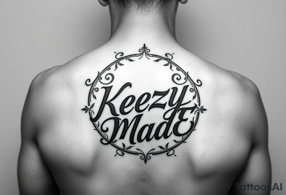 A fancy but rugged twisted and intertwined circular arched curvy lettering in a circular  that would be clothing brand style that says (KeezY MadE) tattoo idea