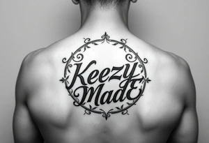 A fancy but rugged twisted and intertwined circular arched curvy lettering in a circular  that would be clothing brand style that says (KeezY MadE) tattoo idea