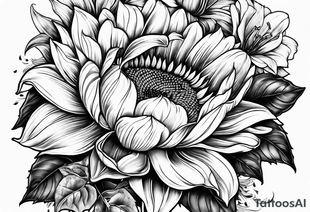 Sunflower, Rose, Lily tattoo idea