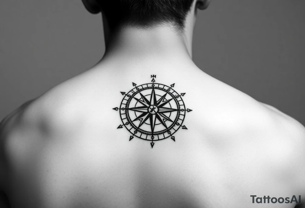 intricate compass on upper right back shoulder of a man. black and white. include cardinal directions and make more detailed. tattoo idea