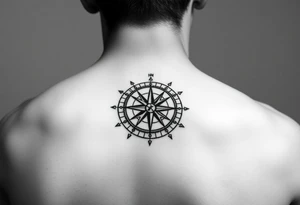 intricate compass on upper right back shoulder of a man. black and white. include cardinal directions and make more detailed. tattoo idea