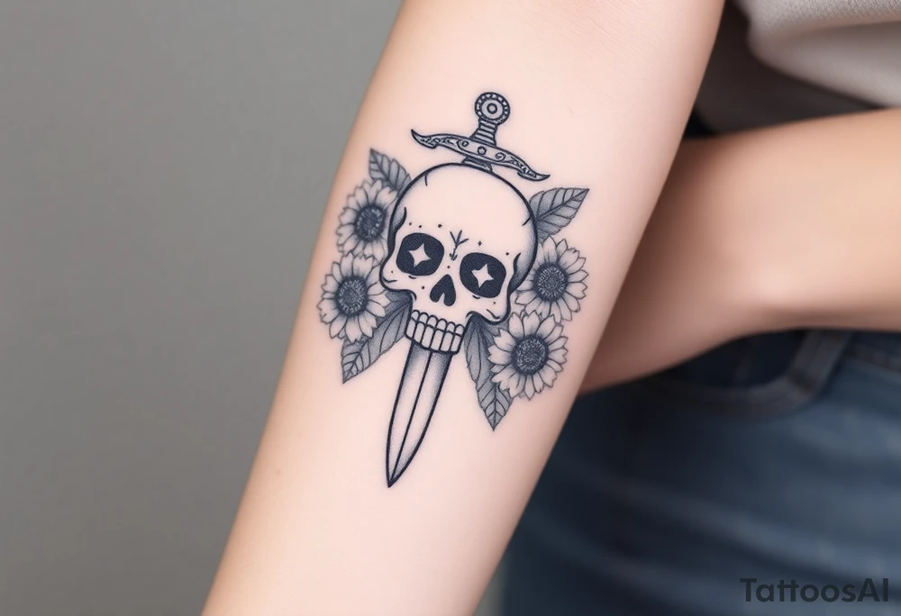 Skull, heart and dagger with roses and sunflowers tattoo idea