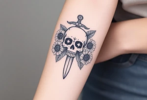 Skull, heart and dagger with roses and sunflowers tattoo idea