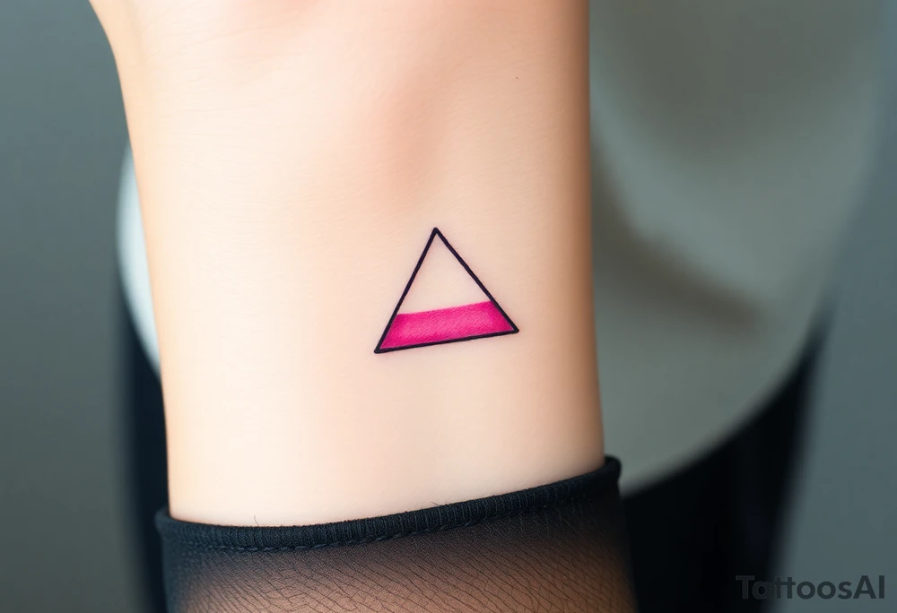 A watercoloured pink triangle (upsidedown), with very small black lining and upside down. Just the colour pink. No shapes. Just the colour pink in a gradient filling the triangle and a small black outline tattoo idea