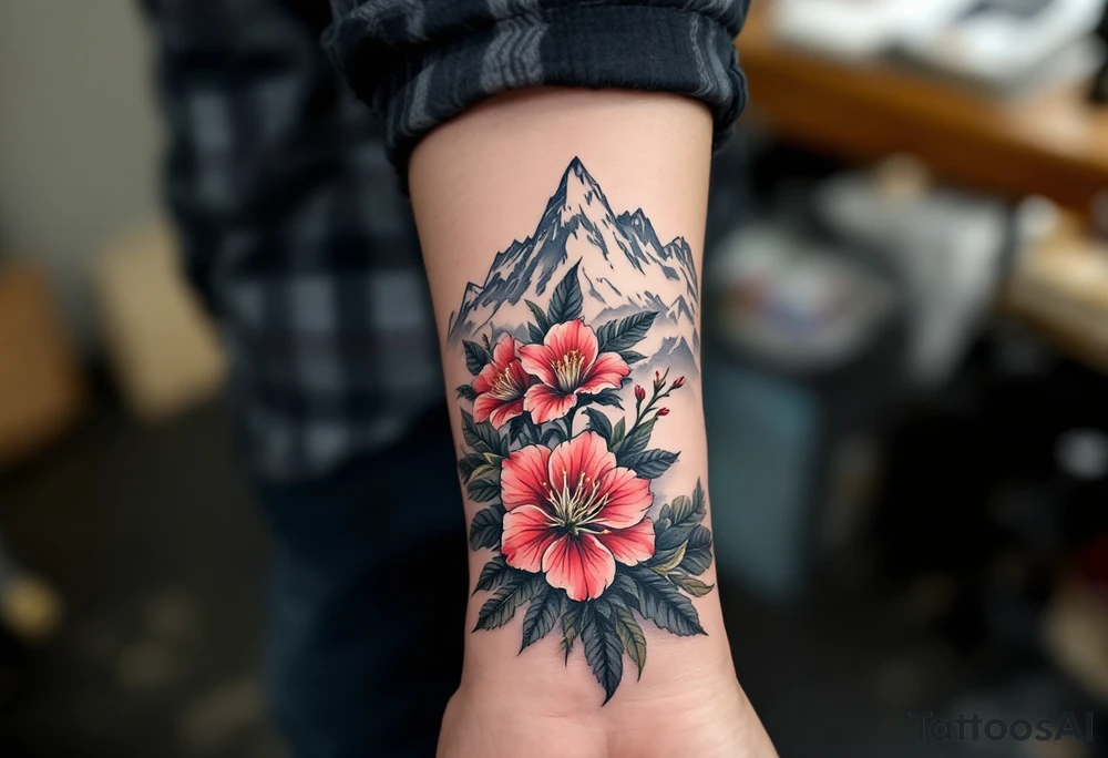 vertical wrist size red  and black rhododendron trippy with Himalayas behind tattoo idea