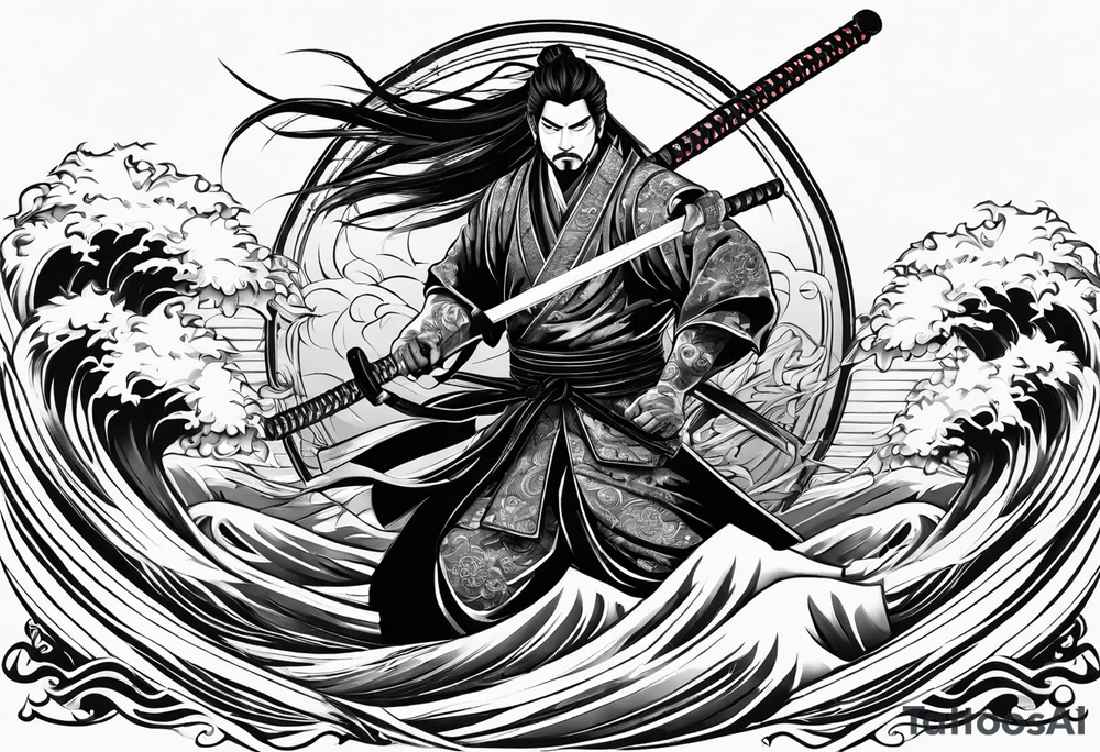 Zhayuya with katanas against the background of waves tattoo idea