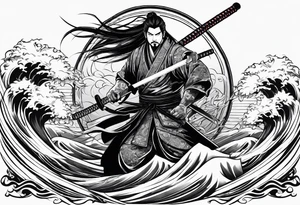 Zhayuya with katanas against the background of waves tattoo idea