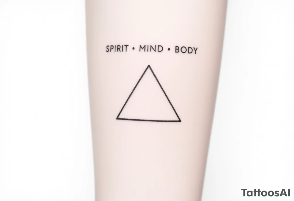 A minimalist tattoo of three interlocking triangles arranged in a way that forms a geometric symbol. Each triangle is thinly outlined and overlaps slightly. Above the design, the words 'SPIRIT,' 'MIND,' and 'BODY' are written in simple font, representing the connection between these three concepts. The tattoo is located on the inner forearm and is drawn in black ink on a light skin tone background. tattoo idea