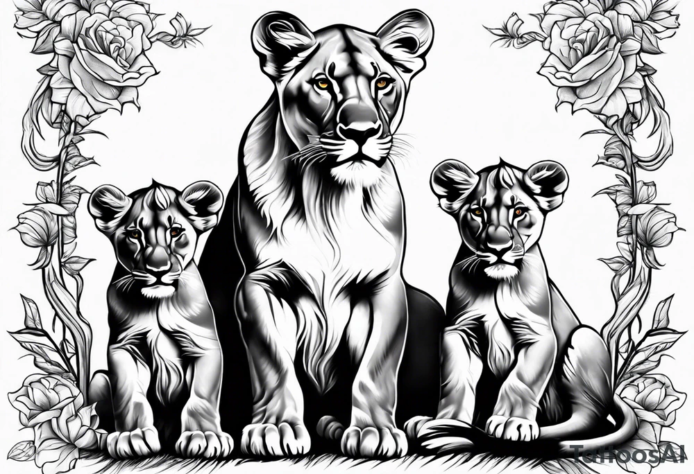Lioness on her hind legs
protecting her two cubs tattoo idea Lioness on her hind legs
protecting her two cubs tattoo idea