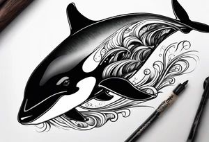 transient orca, Japanese realism, simplistic, shaded high contrast, flowing, kelp highlights tattoo idea