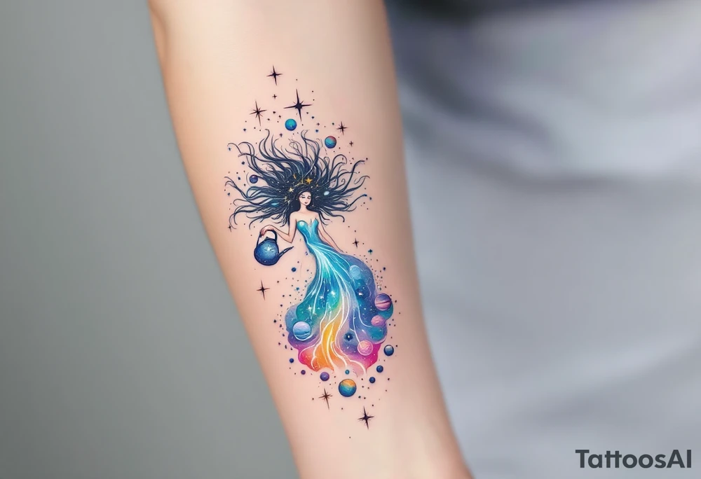 A celestial water bearer with flowing cosmic hair, holding a jug from which a glowing waterfall of stardust and planets spills, blending into the night sky. tattoo idea