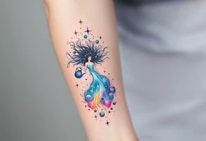 A celestial water bearer with flowing cosmic hair, holding a jug from which a glowing waterfall of stardust and planets spills, blending into the night sky. tattoo idea