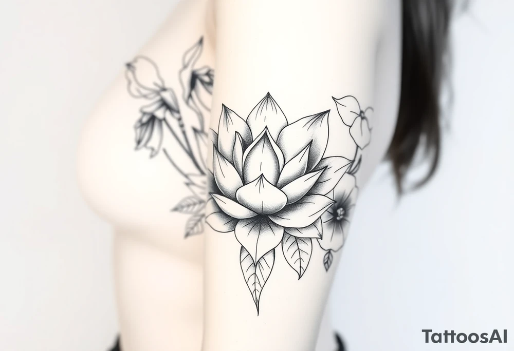 Geometric lotus surrounded by Lilly of the valley on left side iris above and morning glory flowers to the right. tattoo idea