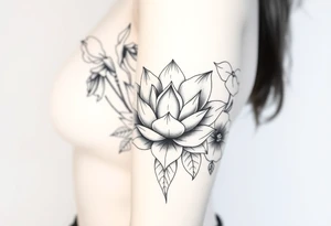 Geometric lotus surrounded by Lilly of the valley on left side iris above and morning glory flowers to the right. tattoo idea