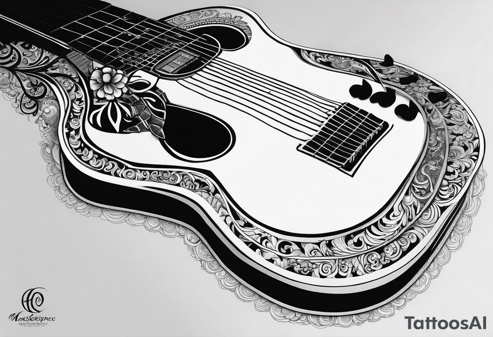 A minimalist guitar design, small in size, with clean lines and vintage detailing. The guitar represents a deep connection to music, with a classic, understated design that captures its essence without embellishments. tattoo idea