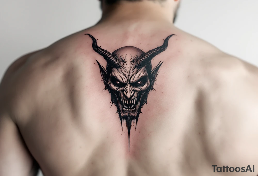 scary demon face with trident tattoo idea