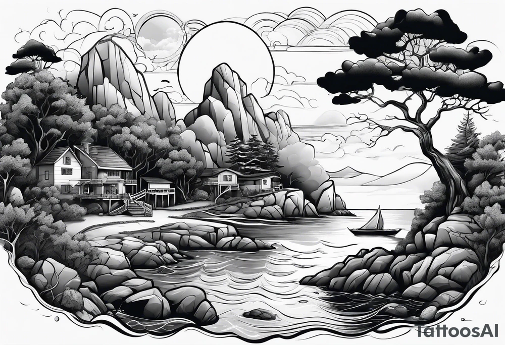 Sea view with rocks, trees, people and homes tattoo idea