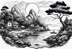 Sea view with rocks, trees, people and homes tattoo idea