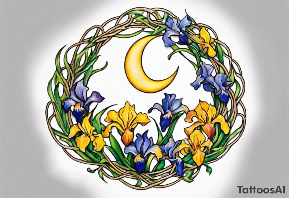 Create a small, colorful Vincent van Gogh Irises tattoo in the form of a crescent, with vines in Celtic knot style gracefully intertwining at a central point in the middle of the wreath. The intended placement is on the upper chest. The middle needs mountains. The overall design should be small in size while maintaining a delicate and artistic aesthetic. Pay attention to the graceful flow of the vines and the placement of the irises to achieve a refined and elegant look. tattoo idea